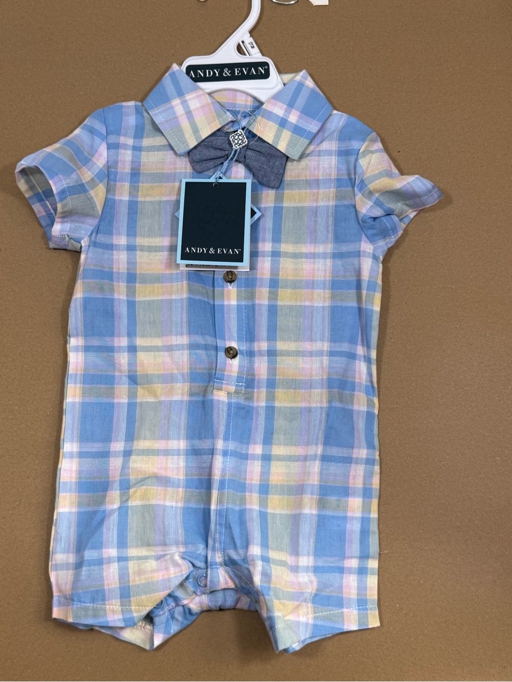 Andy & Evan Blue Chambray Bow Plaid Romper